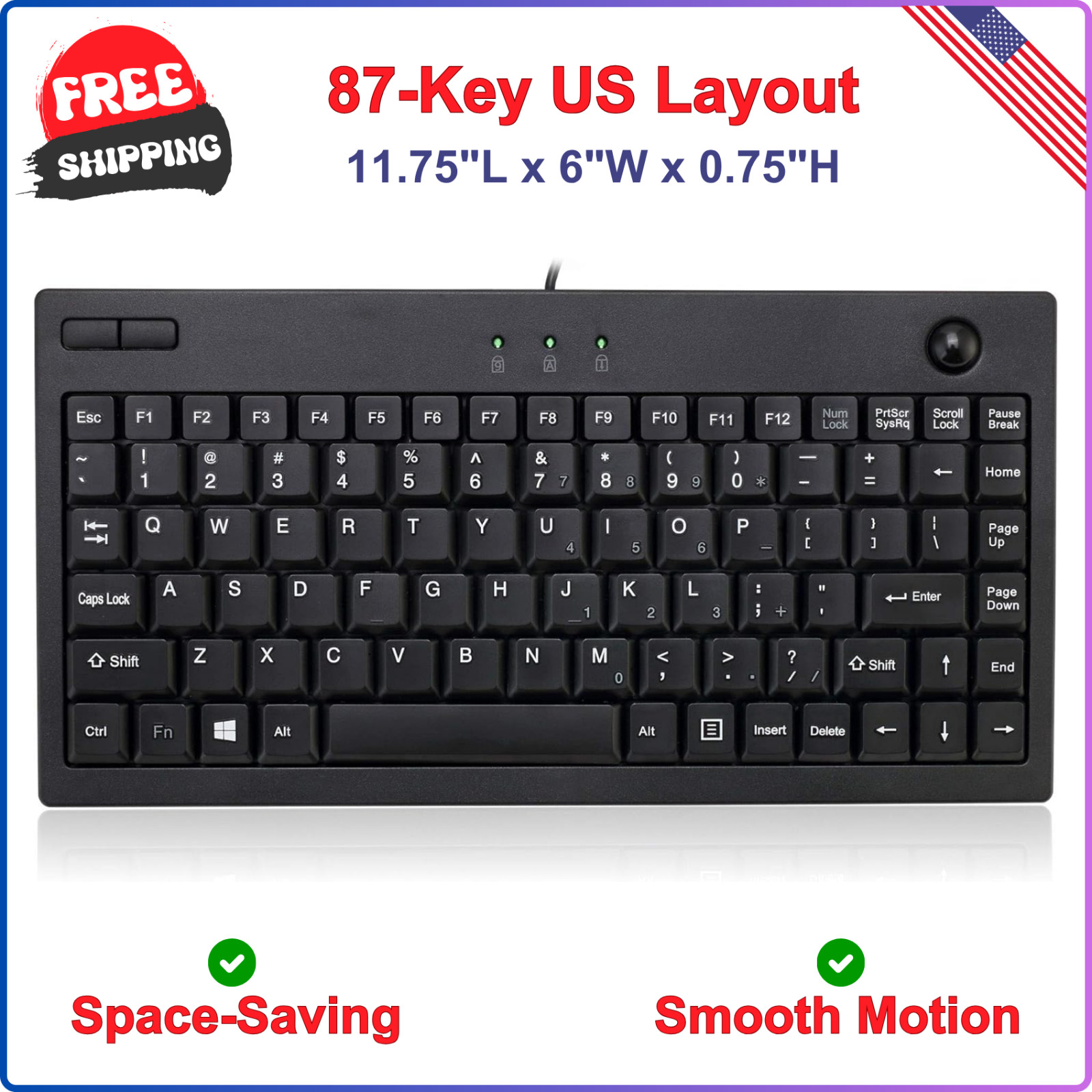 Adesso AKB-310UB Mini Keyboard With Built-In Optical Trackball USB Cable, Black