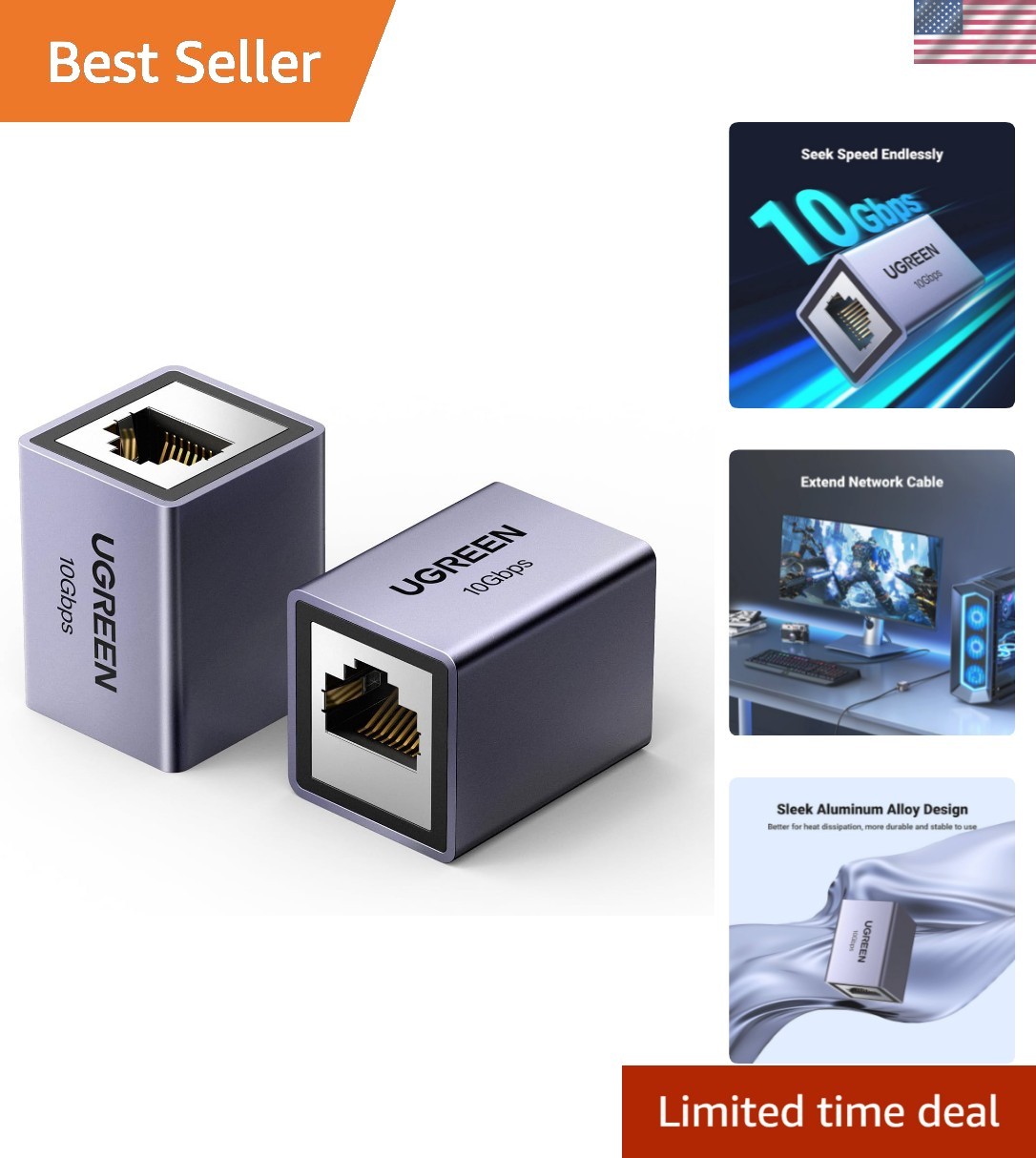 Durable Aluminum Ethernet Coupler 5-Pack, 10Gbps RJ45 Extension - Space Grey