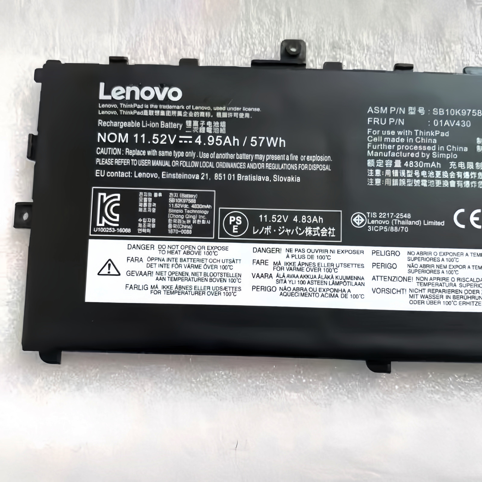 Genuine 01AV430 Battery for Lenovo ThinkPad X1 Carbon 2017/2018 SB10K97587 57WH