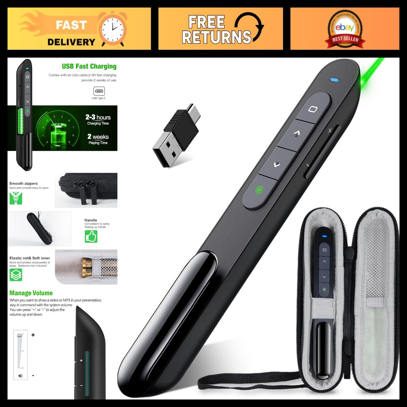 Wireless Presentation Remote Clicker - USB Rechargeable 2.4GHz Green Light, Slid
