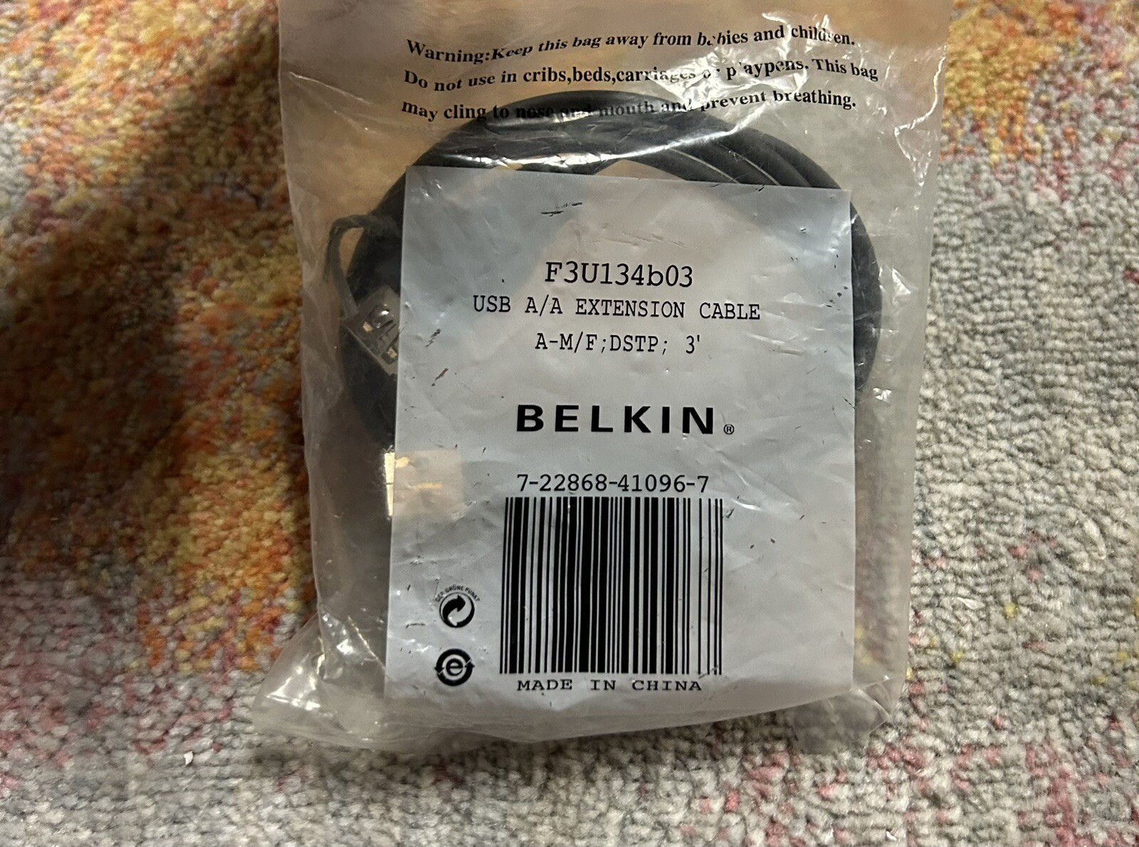 Belkin F3U134B03 3ft Male USB to Female USB Data Ext Cable M-F NEW 