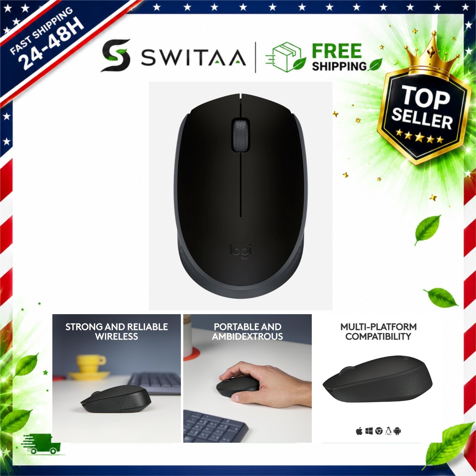 Logitech M170 Wireless Mouse, 2.4 GHz, Ambidextrous, Black, USB Receiver