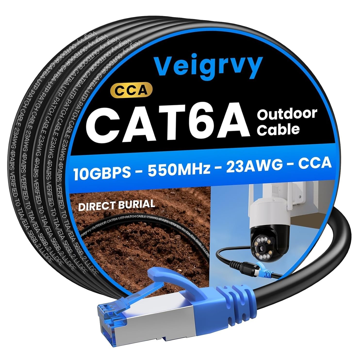 Cat6A Outdoor Ethernet Cable 100 ft Supports POE, 23AWG 550MHz High-Speed CAT6A