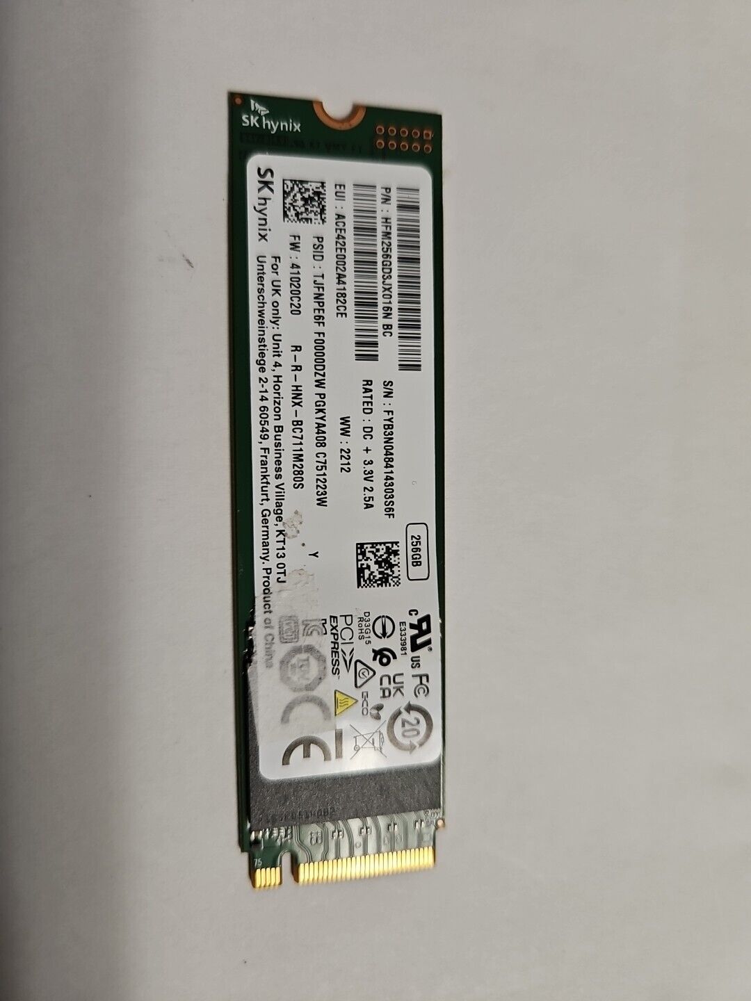 HP 848235-001 256GB PCIe NVMe Gen 3.0 x4 MLC 3D NAND M.2 NGFF SSD