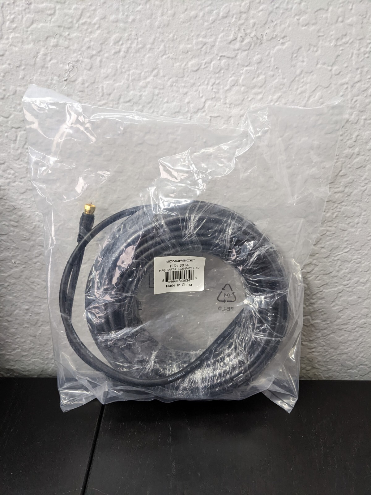 Monoprice 50ft RG6 (18AWG) 75Ohm, Quad Shield, CL2 Coaxial Cable (Black) - NEW
