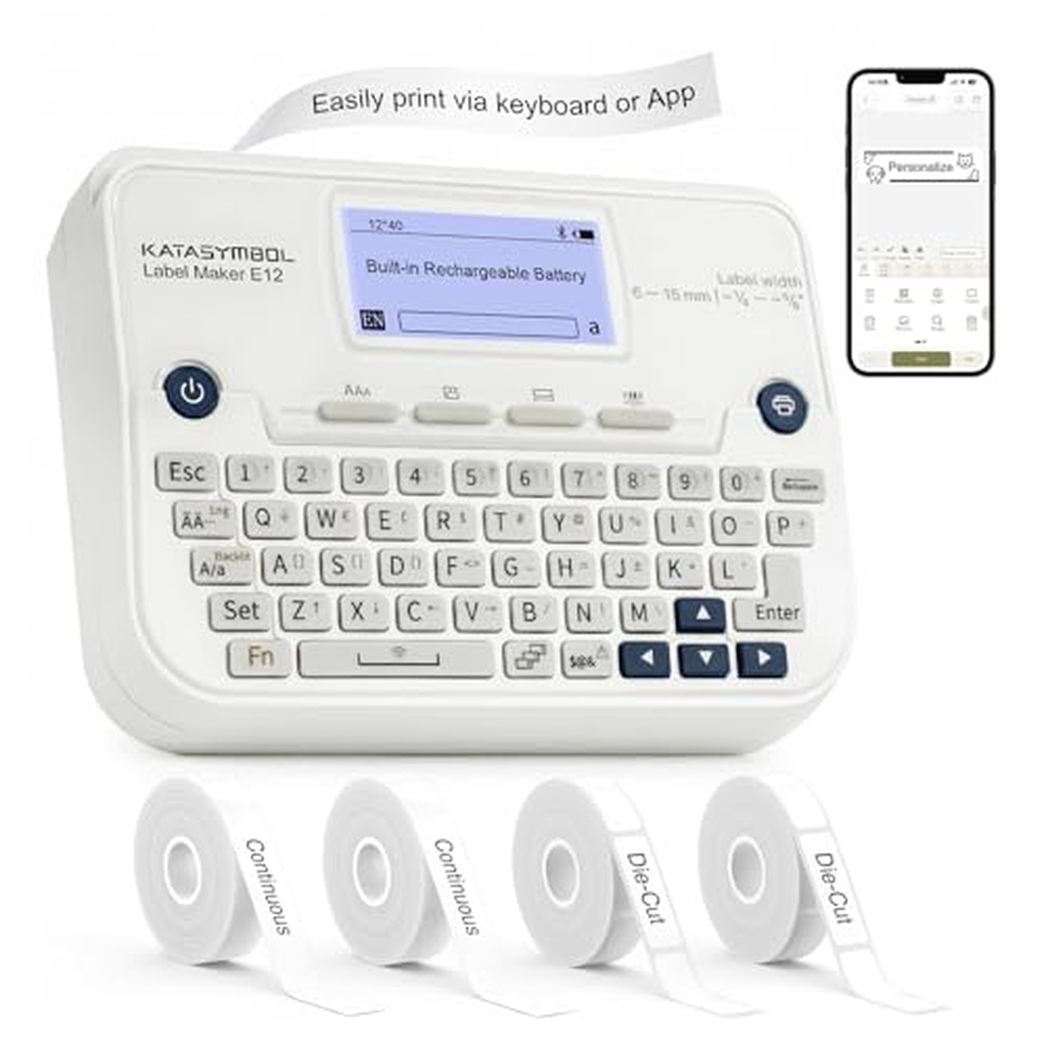 SUPVAN E12 Keyboard & Bluetooth Label Maker Machine with 4 Tapes White