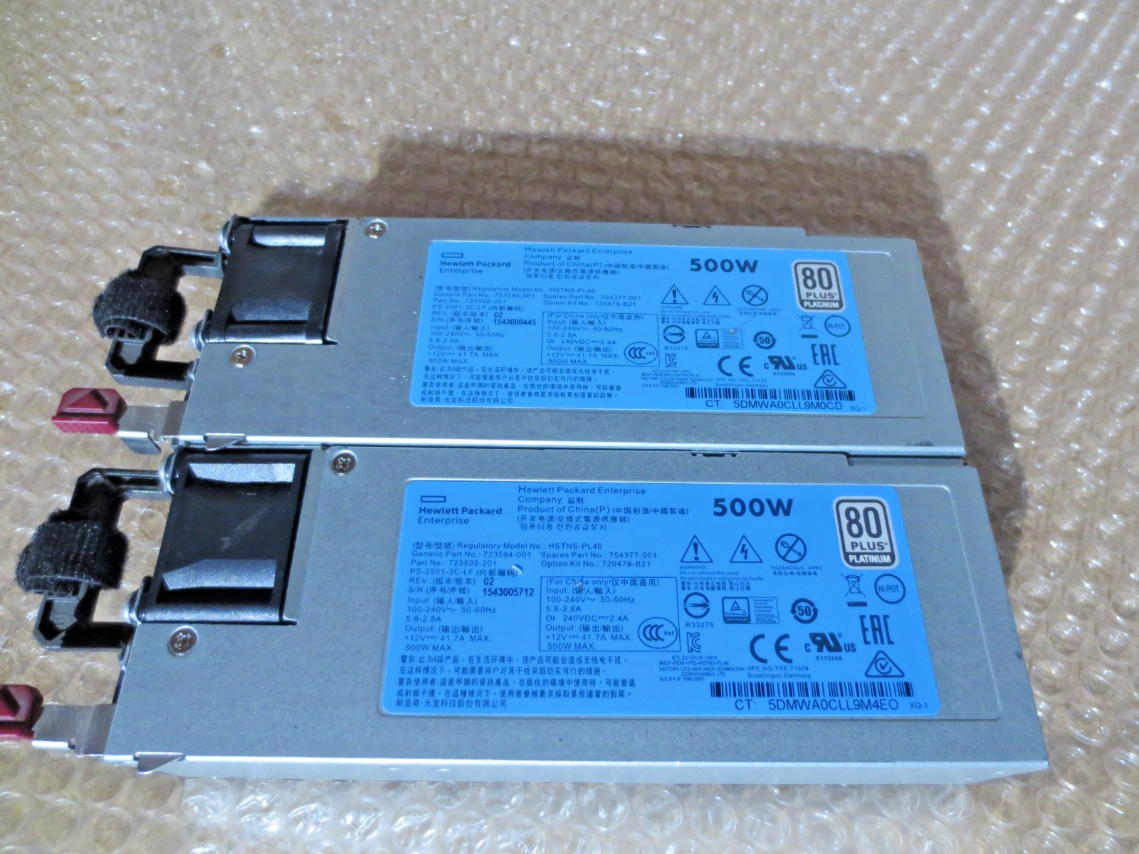 LOTS OF 2, HP HSTNS-PL40 500W 80 Plus Platinum Power Supply P/N: 723595-201