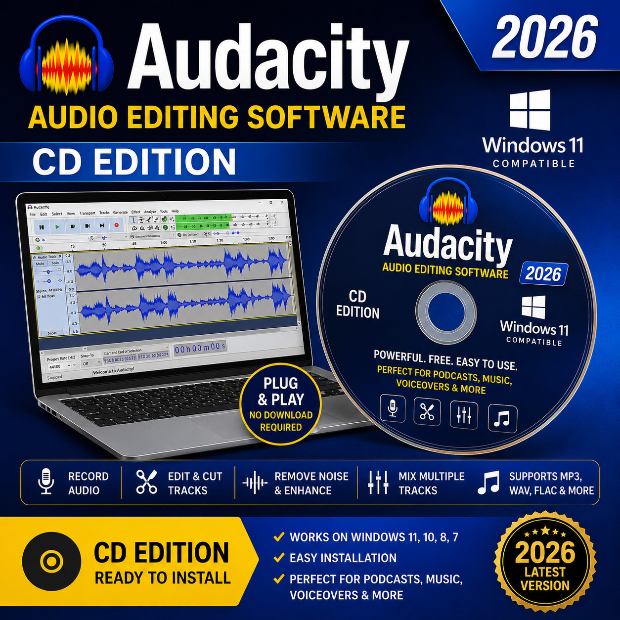 Audacity 2026 DVD, Professional Audio Music Editing Recording, Podcasting