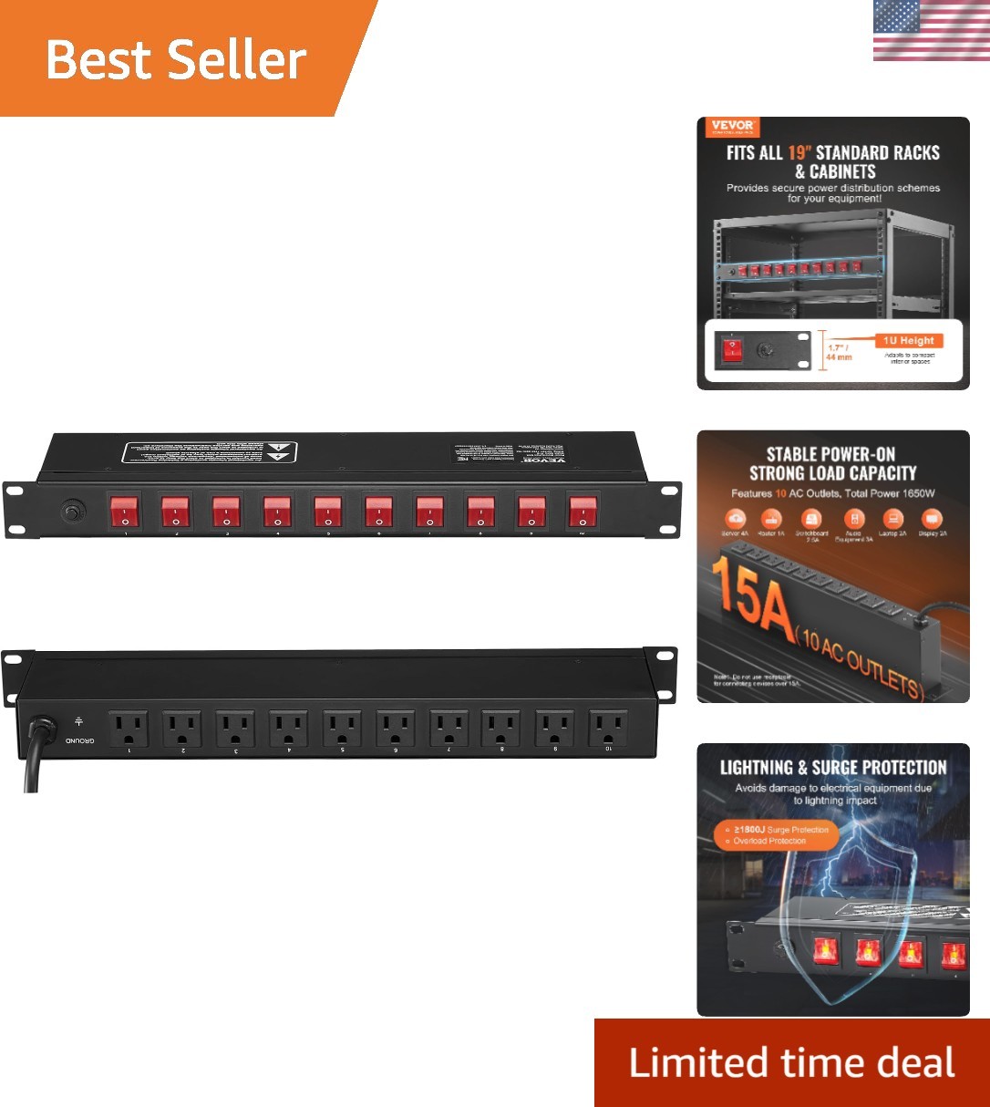 15A Horizontal Power Distribution Strip - 10 Outlets with Individual Switches