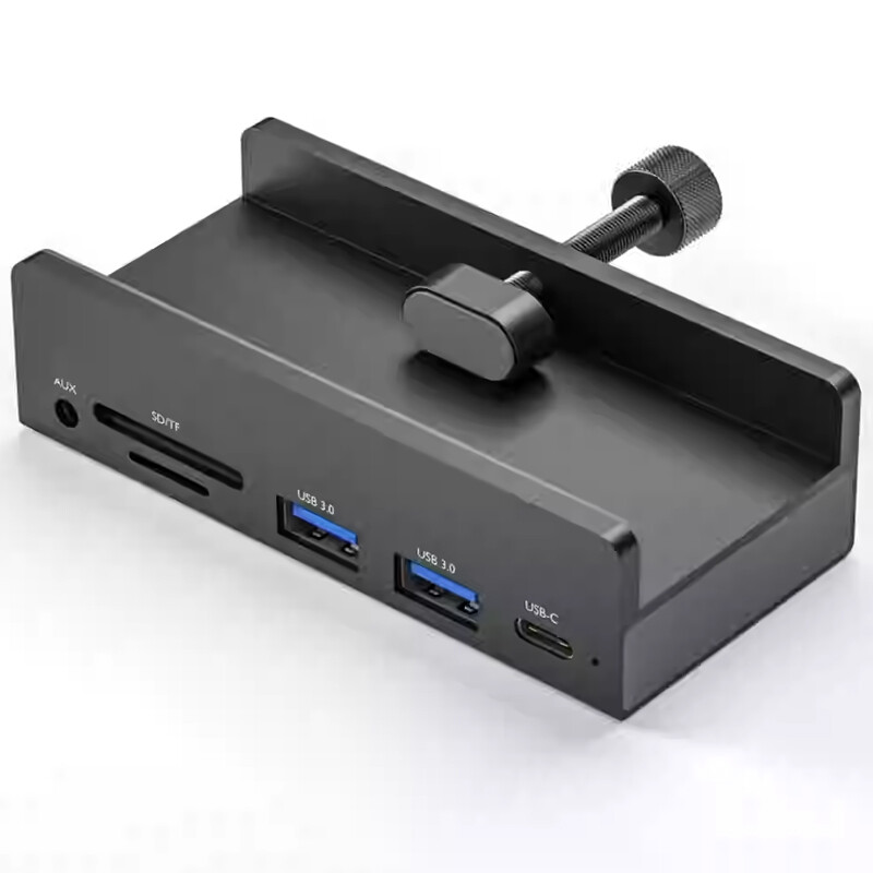 USB3.0 Hub Clamp with 2 USB-A, SD/TF Card Reader, 3.5mm AUX, Type-C Port