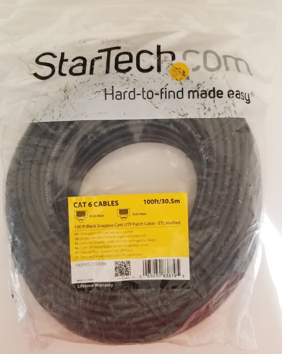 StarTech 100ft Cat6 Ethernet Cable RJ45 Network LAN Patch Cord Black N6PATCH100B