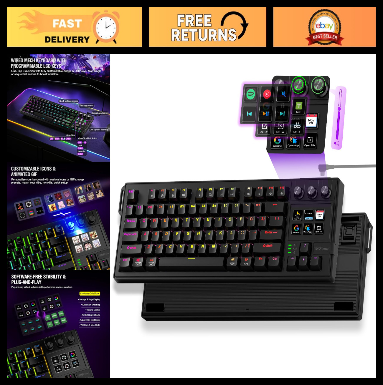 Mechanical Keyboard with Full-Key Programmable Keys, Macro Pad Stream Deck, RGB