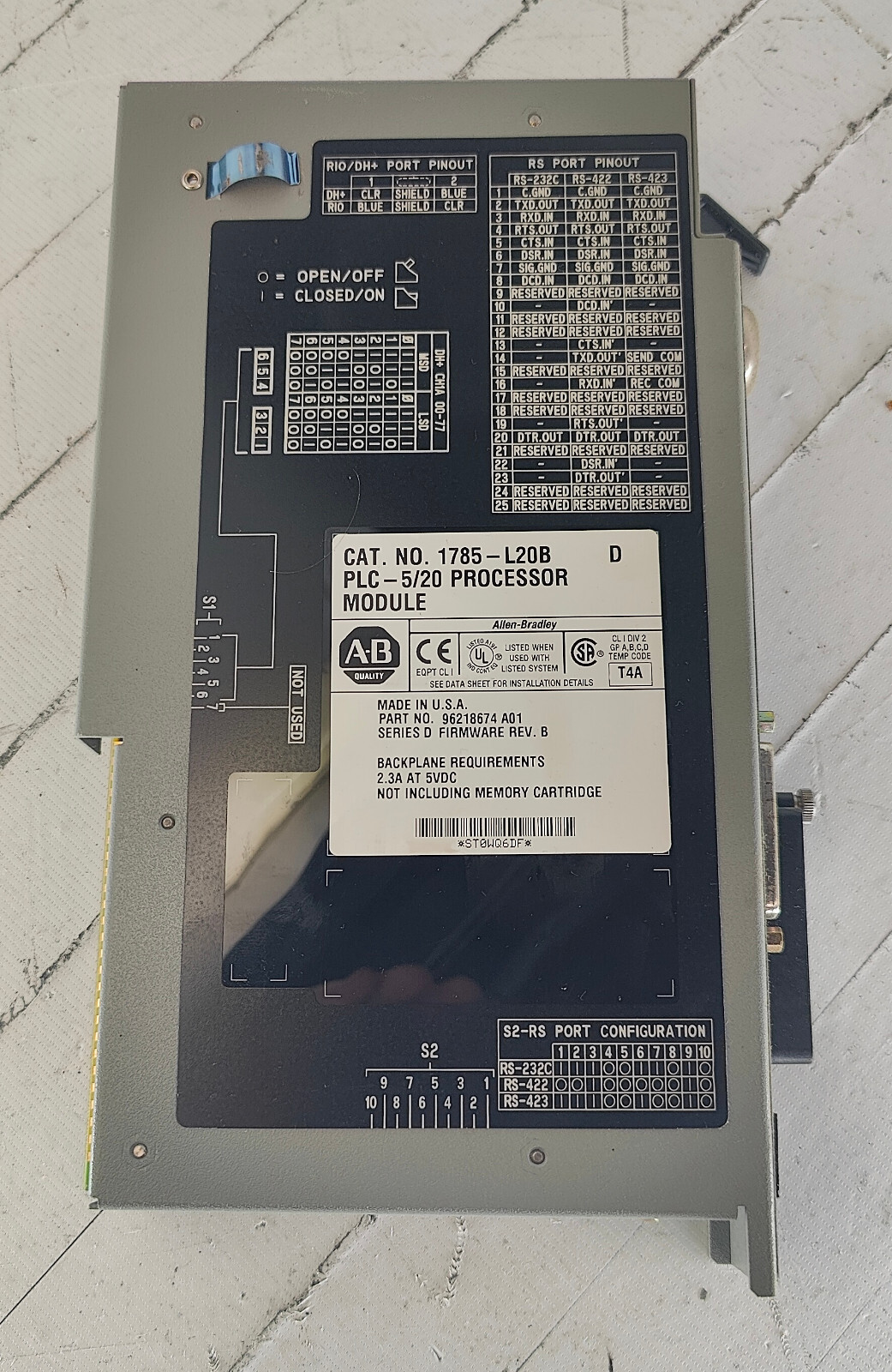 Allen-Bradley 1785-L20B PLC-5/20 Processor Module Series D Rev B 96218674 A01