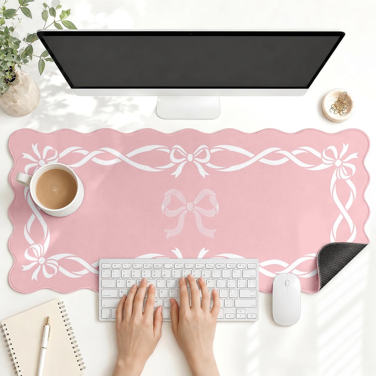Scalloped Gaming Mouse Pad Desk Mat Cute Bow 35.4x15.7 Inch Protector