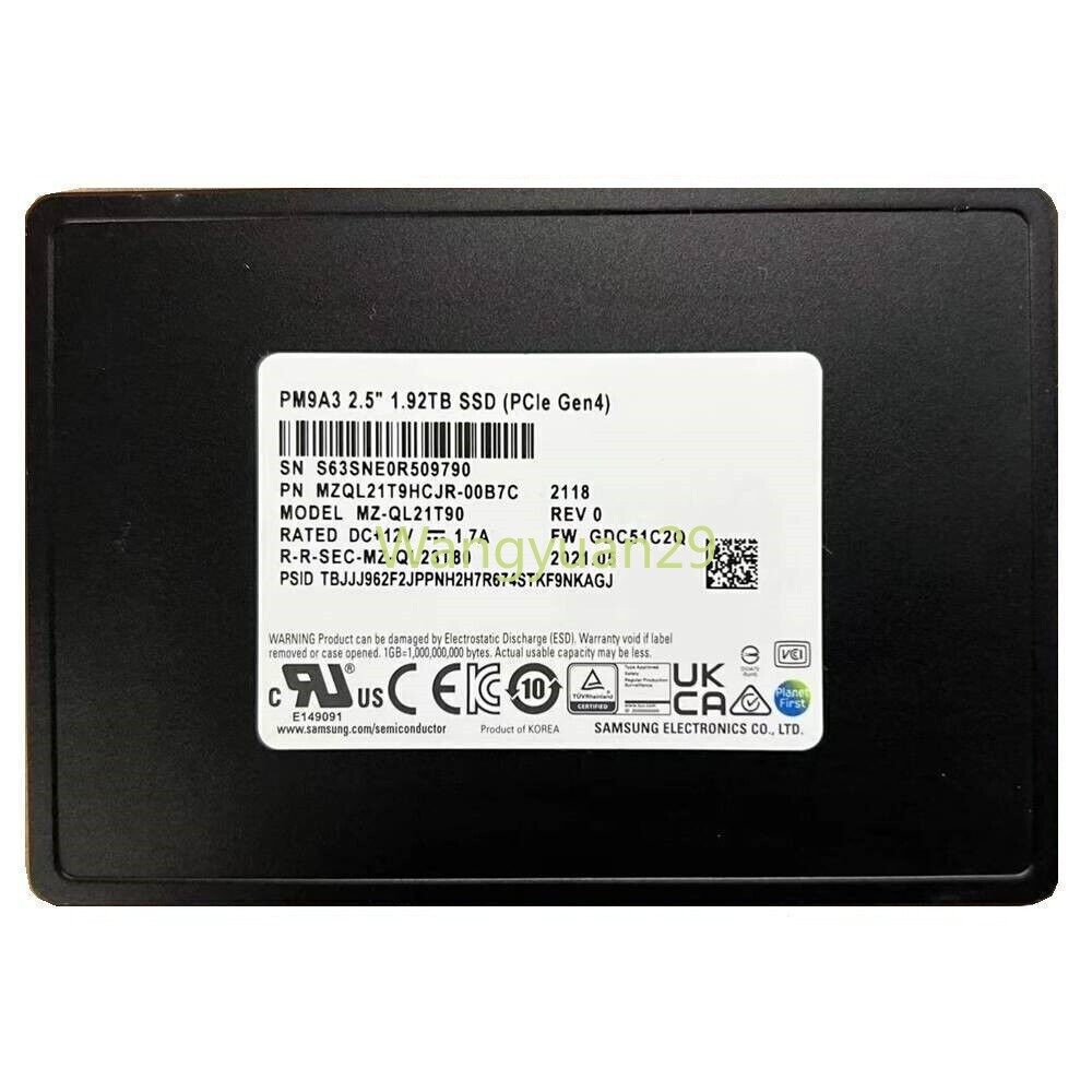 Samsung PM9A3 1.92TB U.2 SSD PCIE 4.0 NVME MZ-QL21T90 MZQL21T9HCJR-00B7C