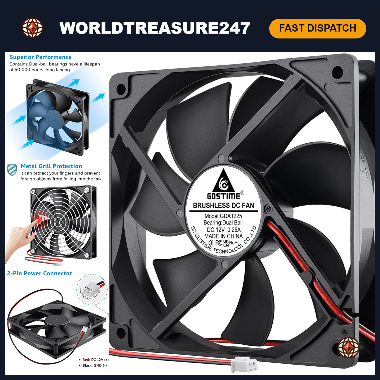 120mm x 25mm 12V Dual Ball Bearing Computer Case Cooling Fan - Quiet & Efficient