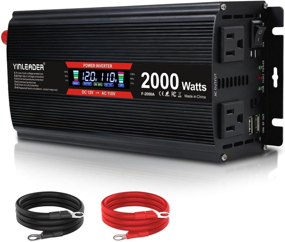 2000W 12V DC to 110V AC Inverter LCD Display 2 USB