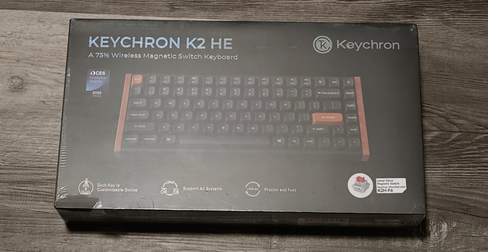 Keychron K2 HE Special Edition Wood 75% Magnetic Keyboard Lime Silent Red New