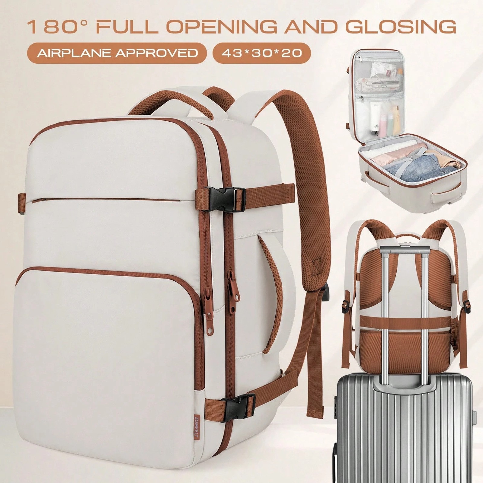 Beige Travel Backpack with Wide Opening and 15.6 Inch Laptop Section