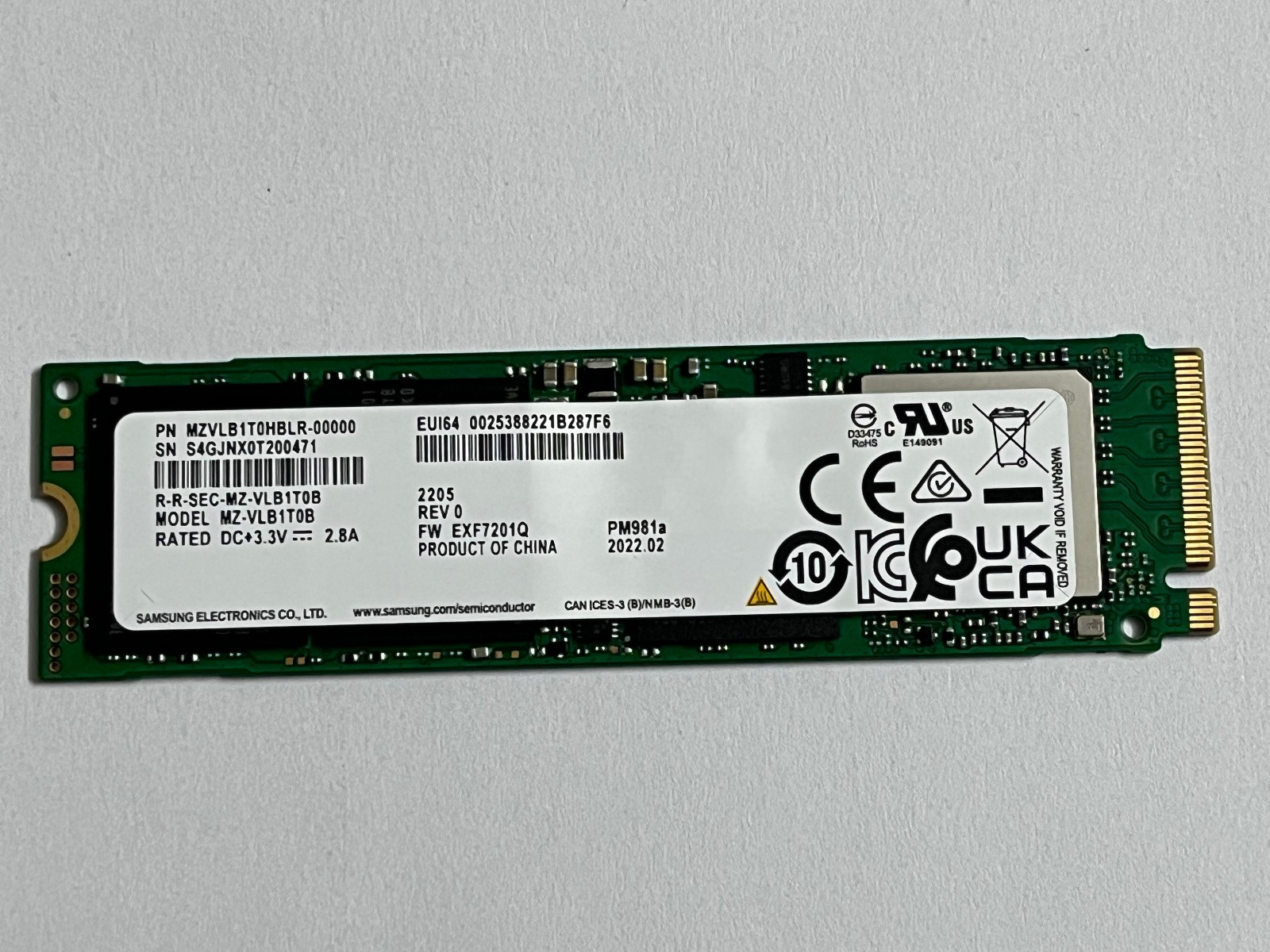 Samsung MZ-VLB1T0B 1TB PM981a Gen3x4 NVMe M.2 2280 PCIe SSD 3500MB/s For Lenovo
