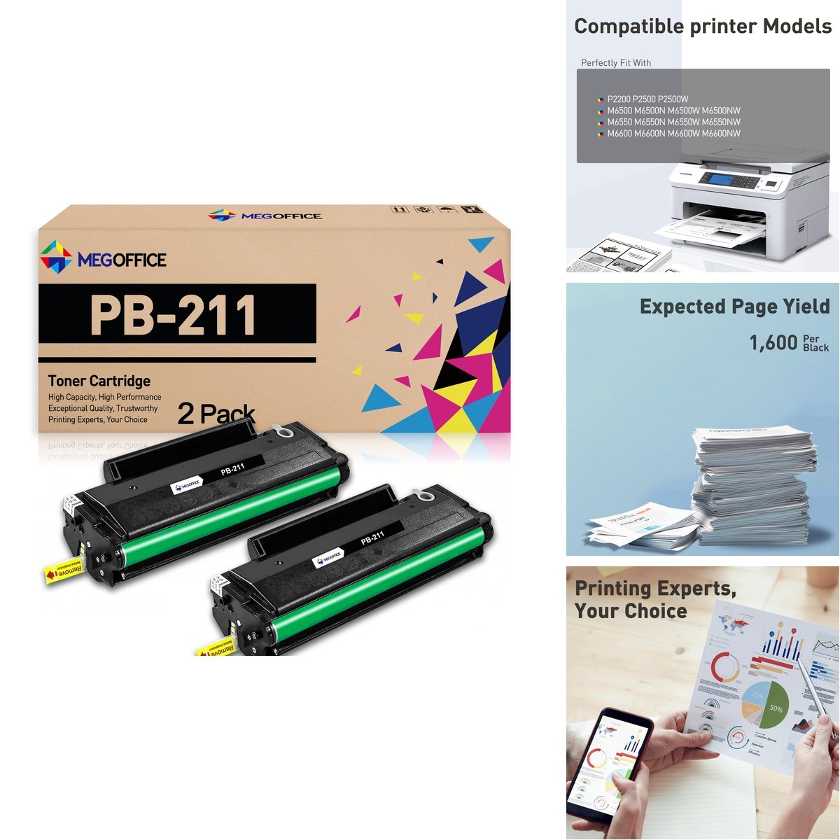 MEGOFFICE Replacement for PB-211 PB211 Toner Cartridge Black 2-Pack