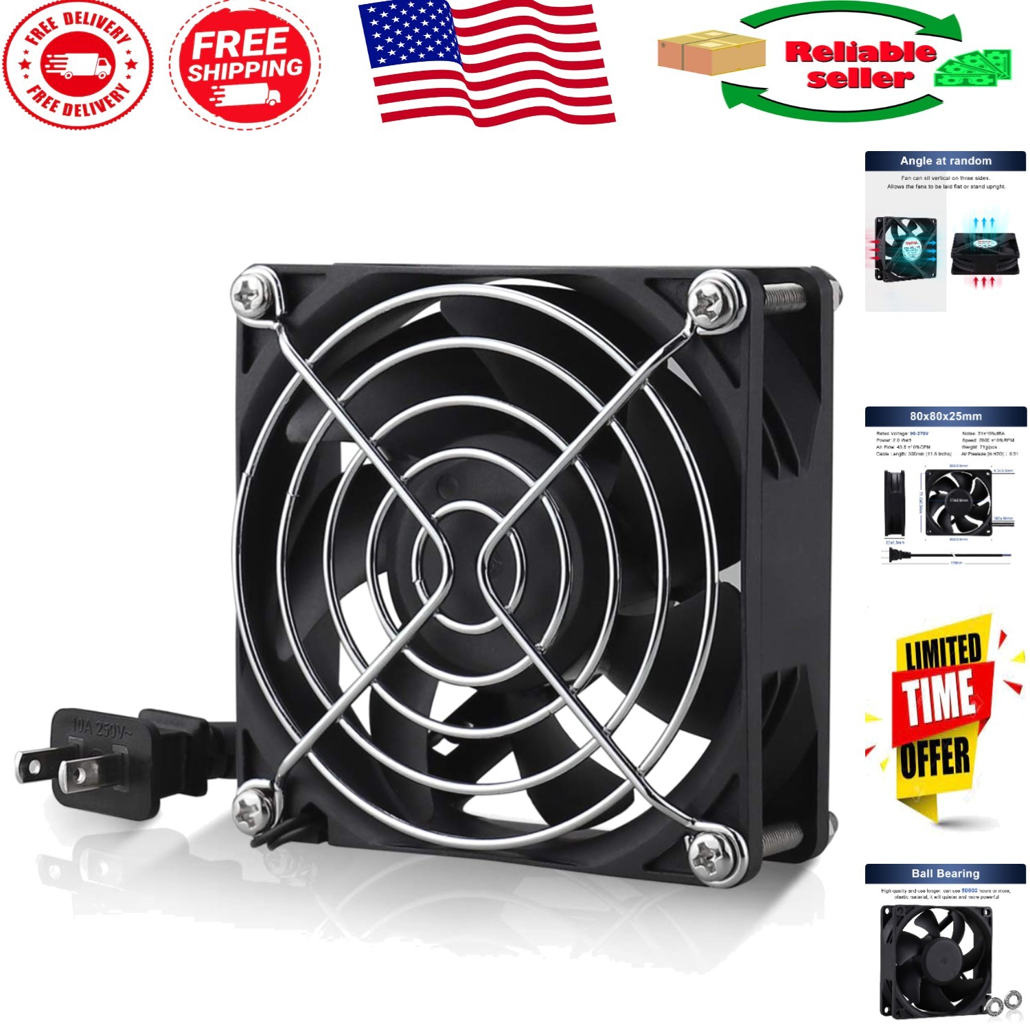 Compact 80mm x 25mm EC Axial Fan - 2800 RPM, Low Noise Electronics Cooling