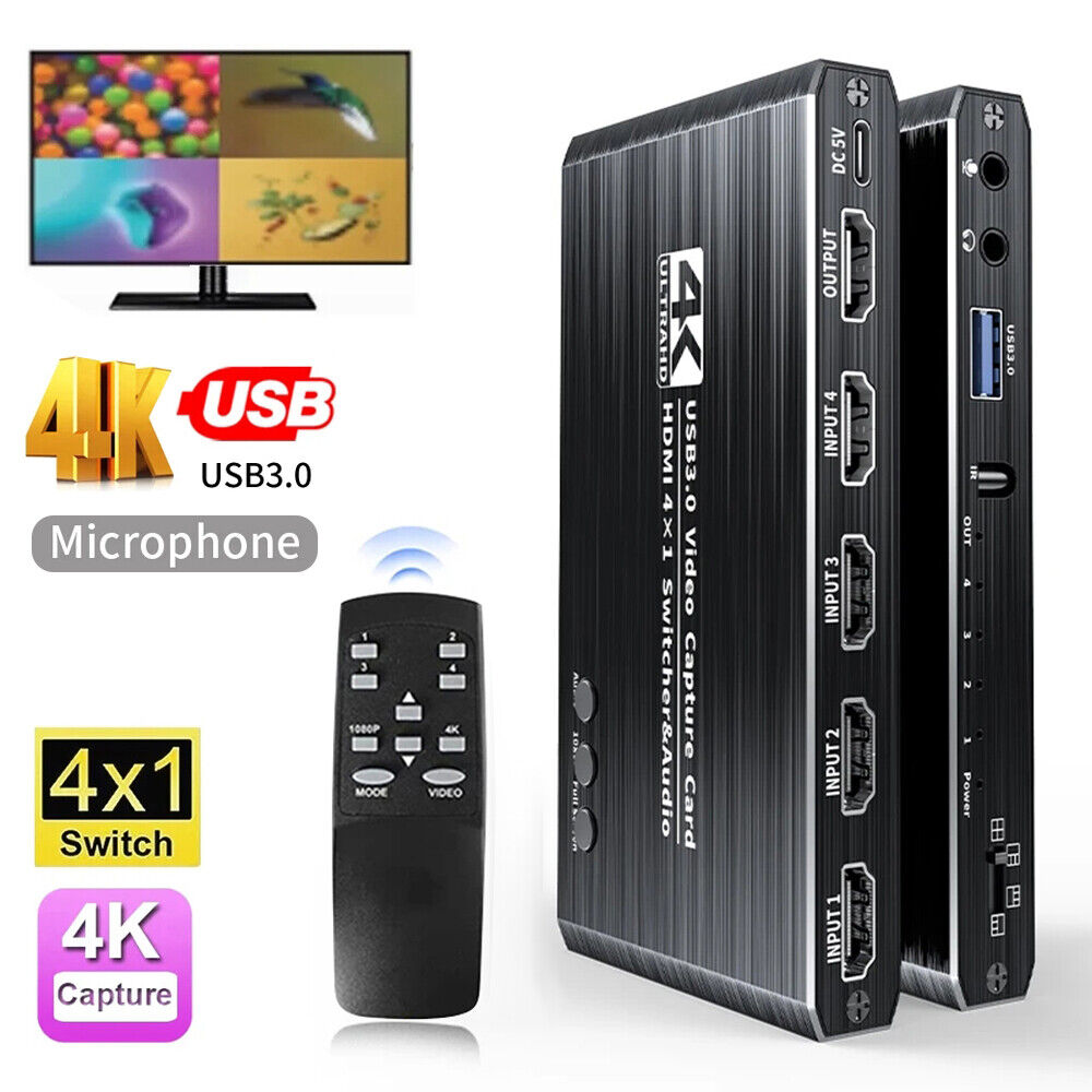 4K Audio Video Capture Card USB 3.0 4 Port HDMI Video Capture Switcher Recording