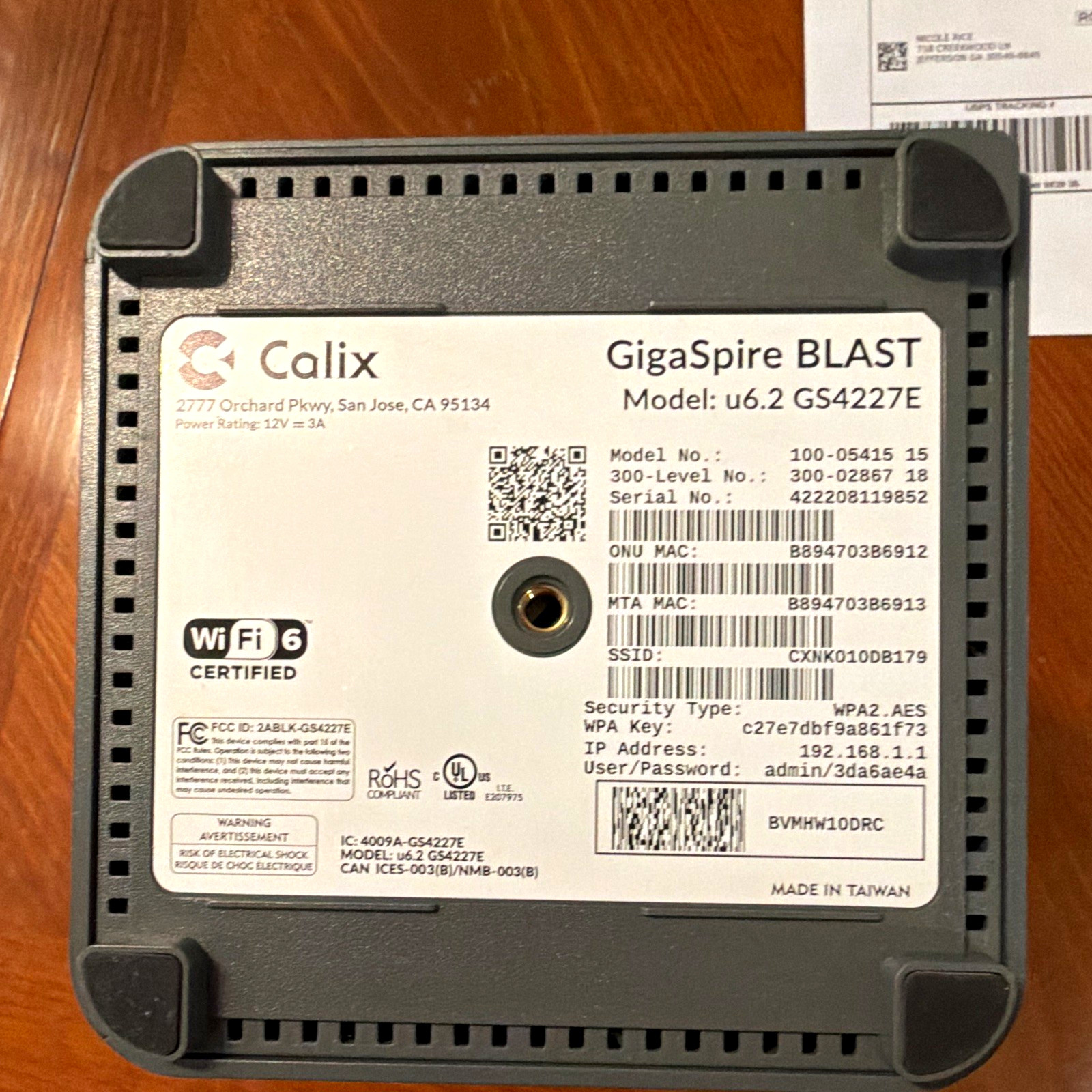 Calix GigaSpire BLAST u6.2 GS4227E Wi‑Fi 6 Dual‑Band 4‑Port Gray