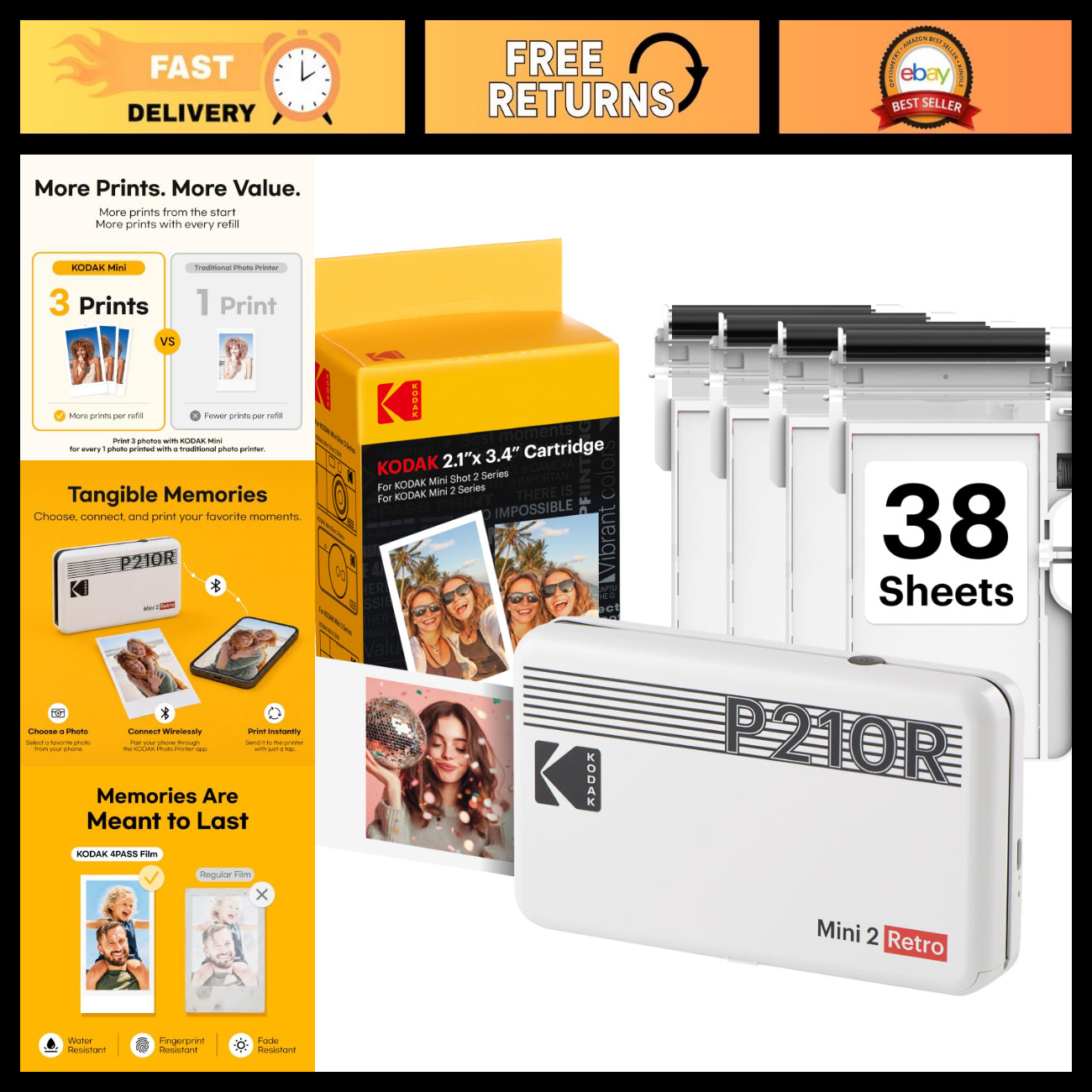 Portable 2x3 Photo Printer, 4PASS Technology, 38 Sheets, Mini Retro Design