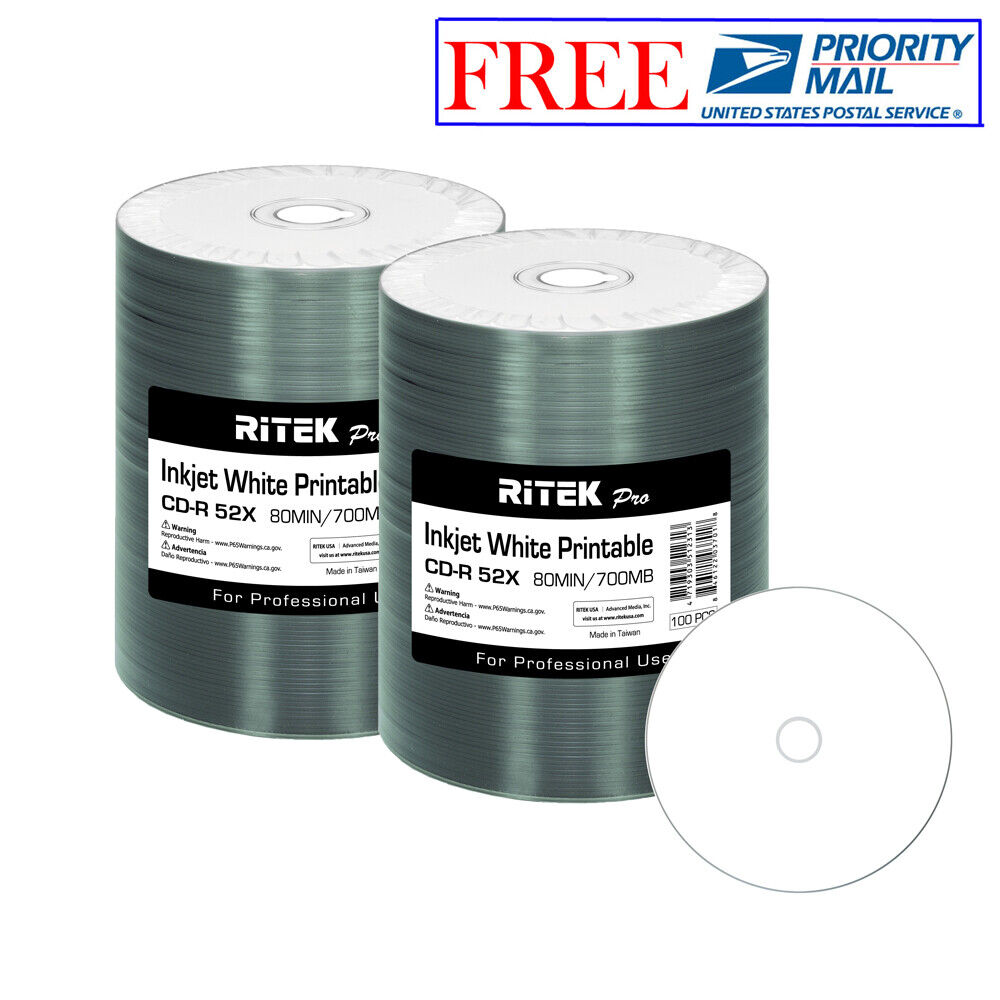 200 Pack Ritek Pro CD-R 52X 700MB White Inkjet Hub Printable Blank Media Disc