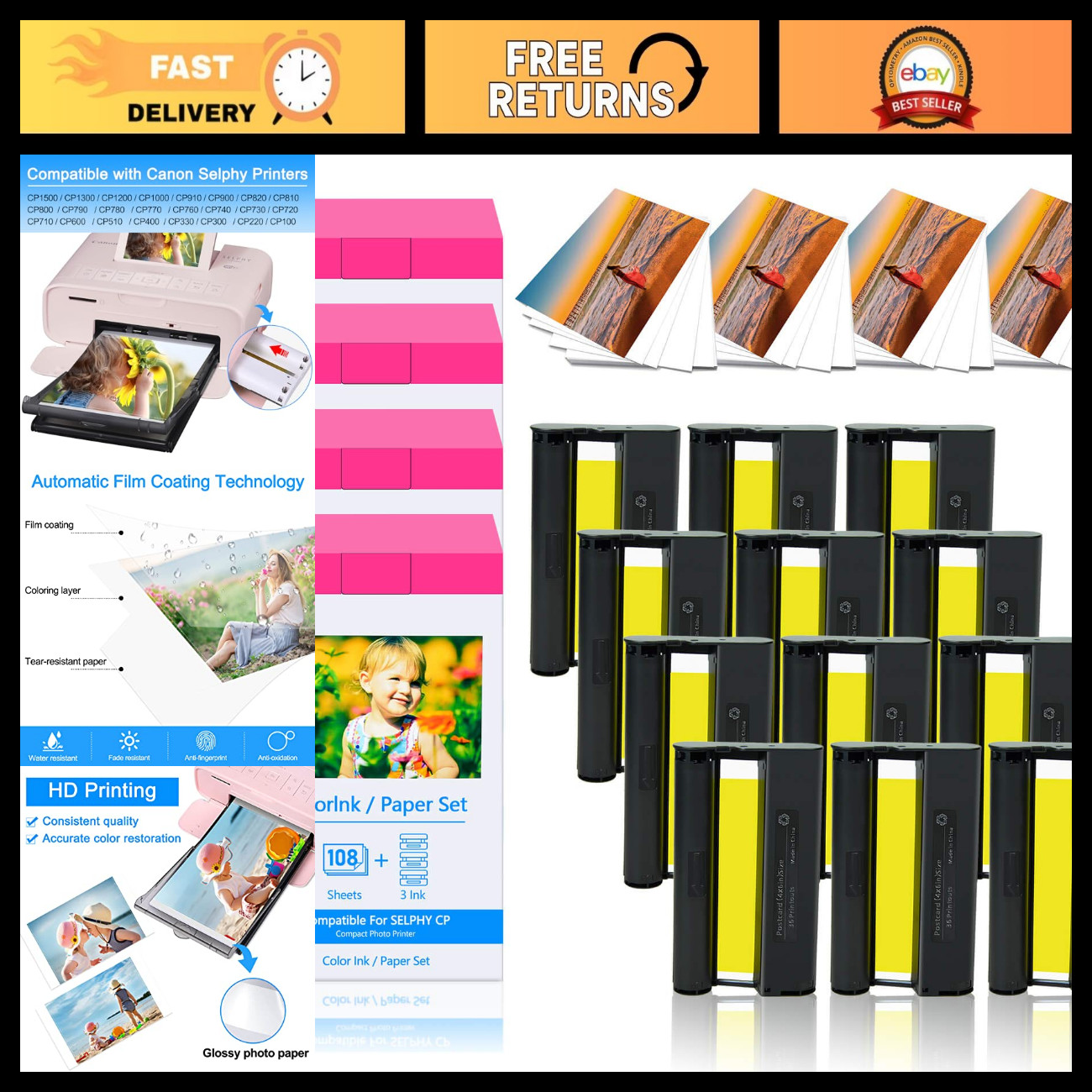4PK Compatible Photo Paper & Ink Set for Canon Selphy KP-108IN - High Quality Pr