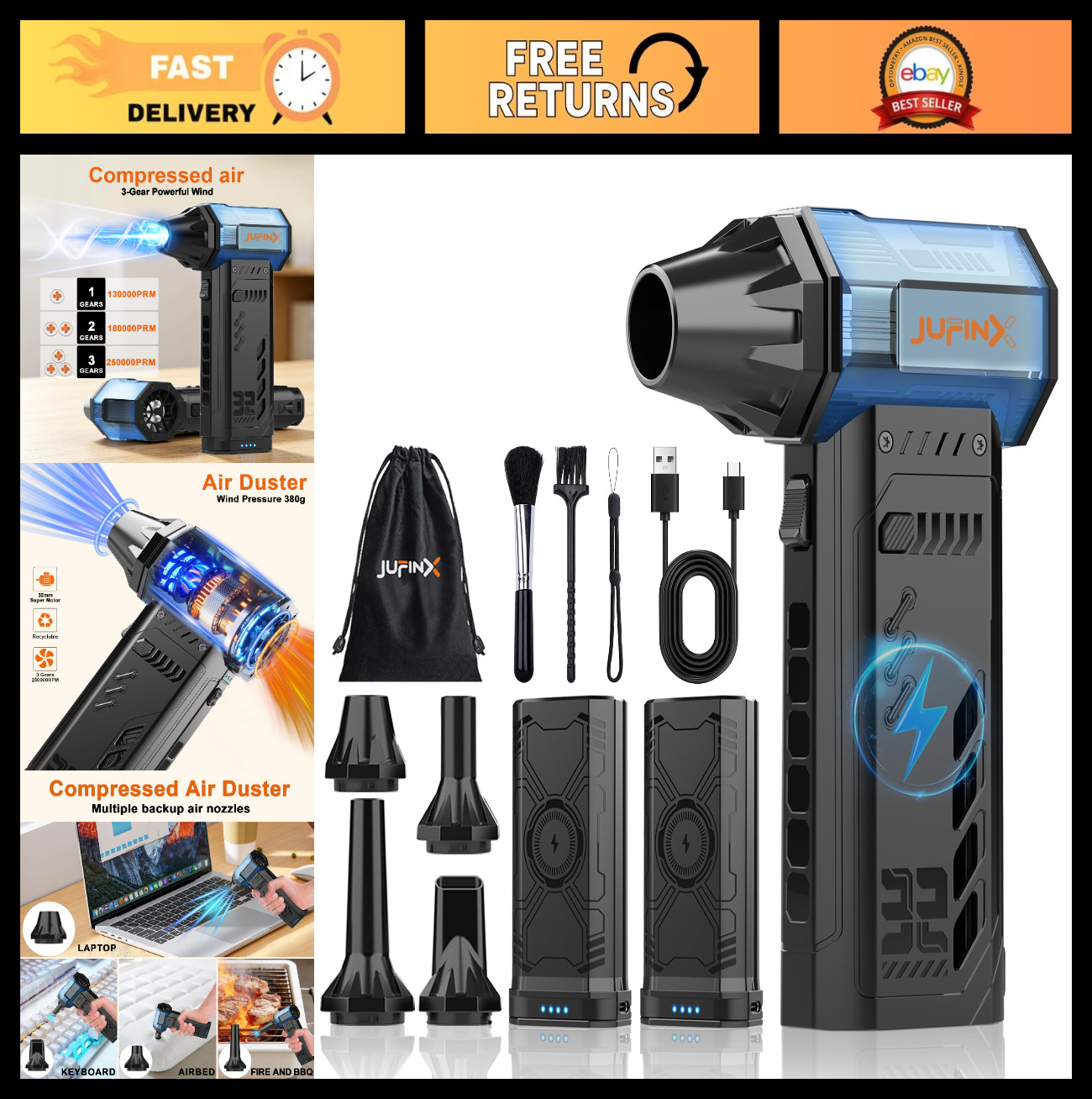 High-Power Electric Air Duster 250,000RPM Mini Blower, Rechargeable, 3-Speed, 2