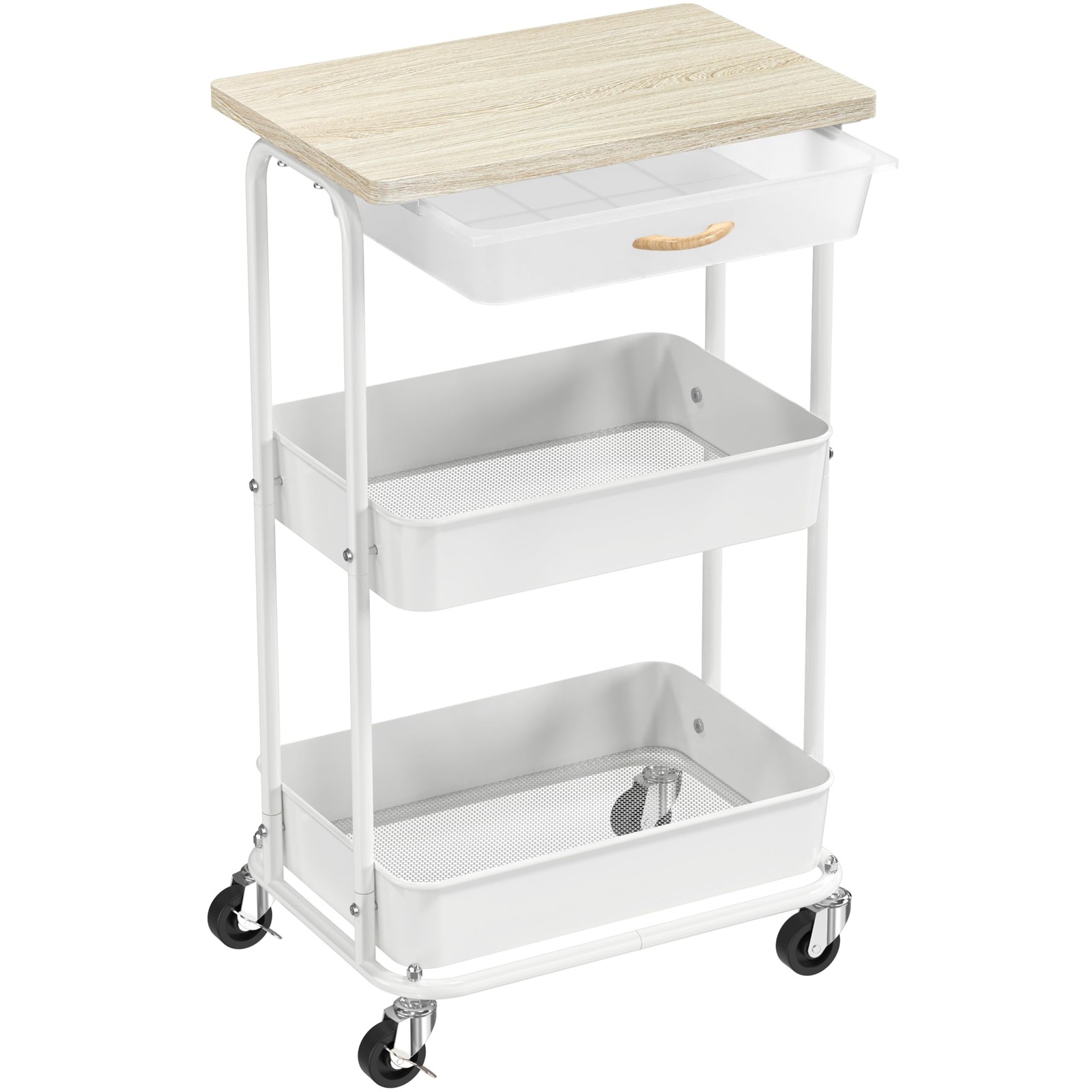 Rolling Utility Cart 3 Tier Wood Top Drawer Maple CB-10P-M Simple Houseware