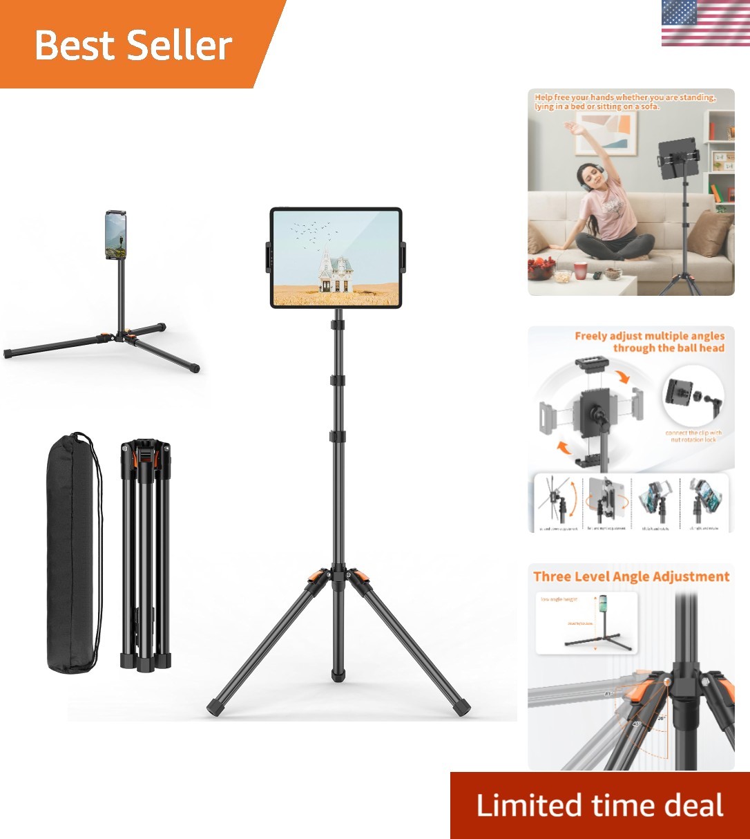 Durable 72in Height-Adjustable Tablet Stand with 360° Rotation for All Devices