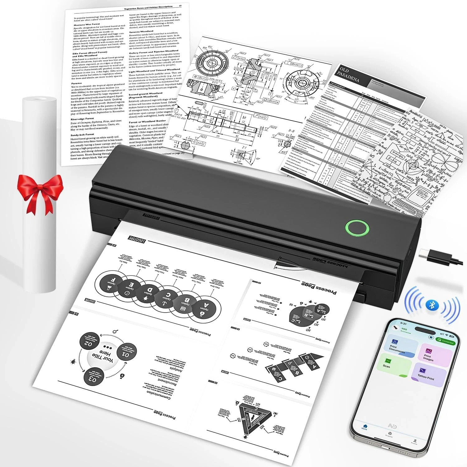 Portable Printers Wireless for Travel, Bluetooth Thermal Printer Inkless Mobile