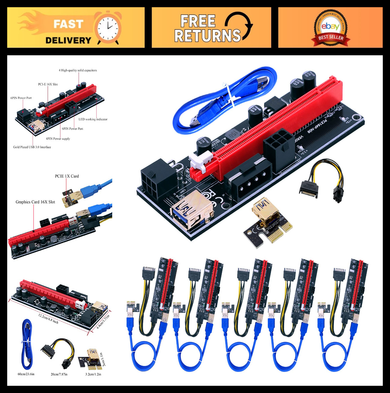 6 Pack PCI-E Riser Adapter Card X1 to X16 Extender for Bitcoin ETH Litecoin Mini