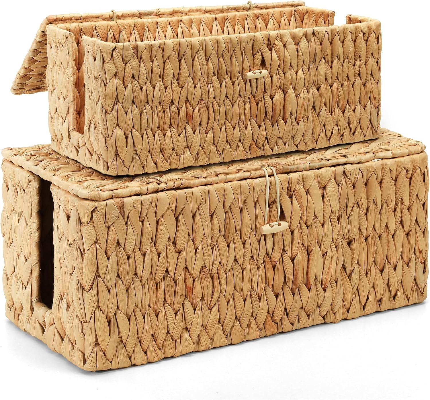 Posprica Cable Management Box with Lid, 2Pack Handwoven Real Water Hyacinth Cord