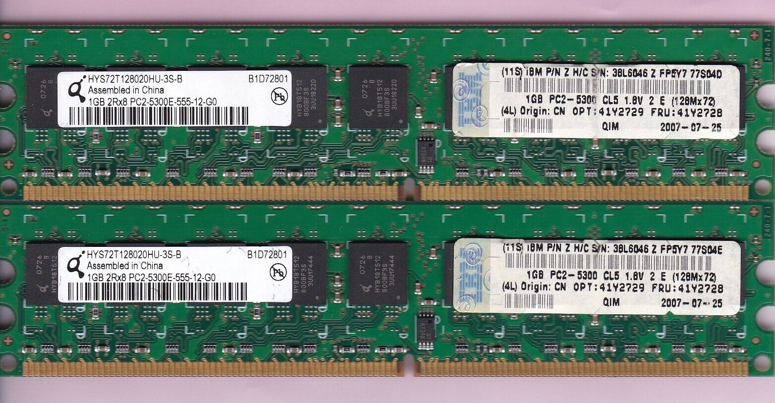 2GB 2x1GB PC2-5300E QIMONDA HYS72T128020HU-3S-B IBM 41Y2729 DDR2-667 ECC RAM Kit