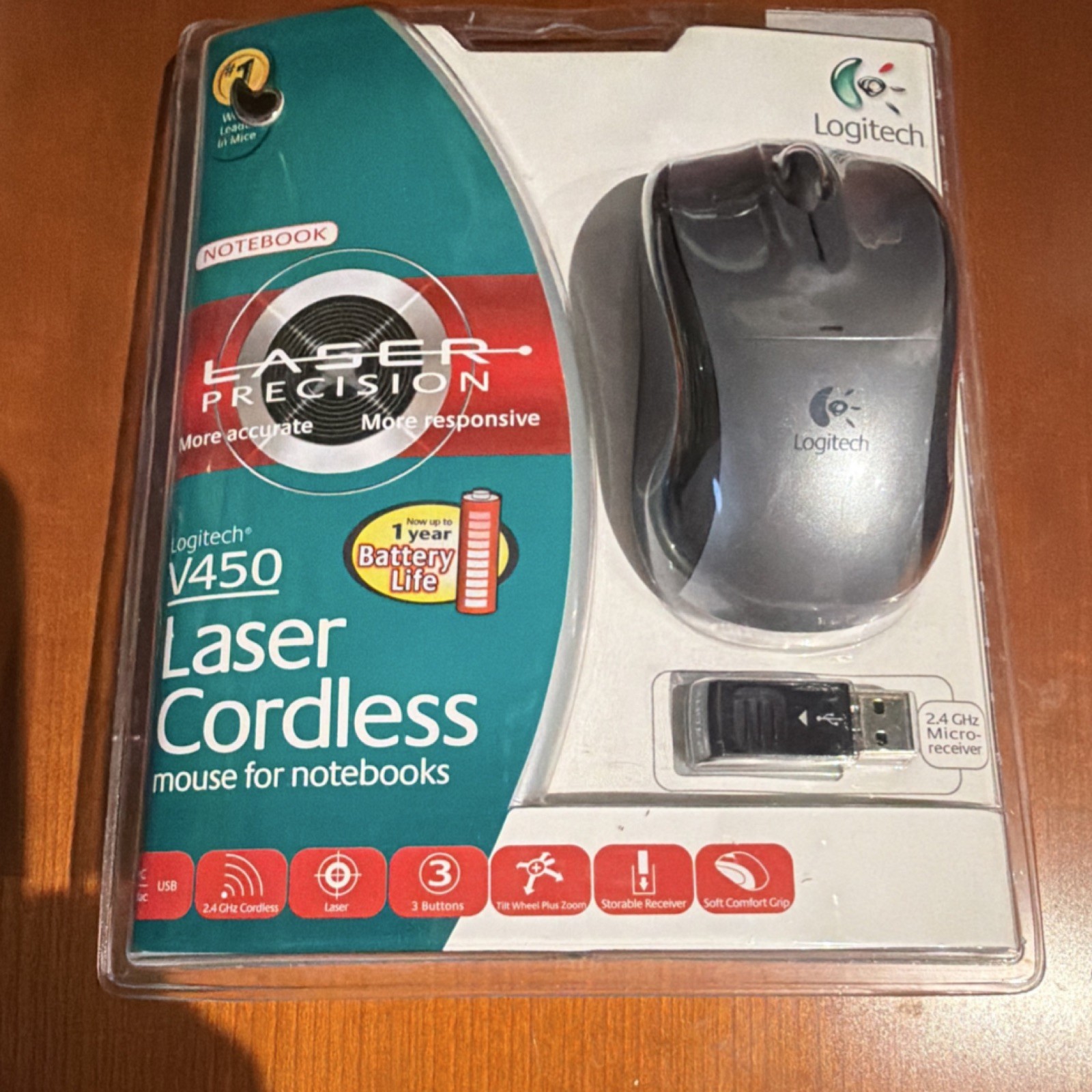 Logitech V450 Laser Wireless Mouse 2.4GHz USB Silver Black Ergonomic