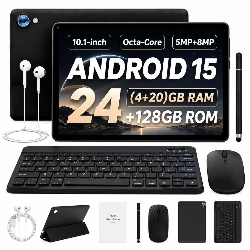 AEEZO 10.1 inch Android 15 Tablets HD Touchscreen Octa-Core 24GB+128GB ROM Googl