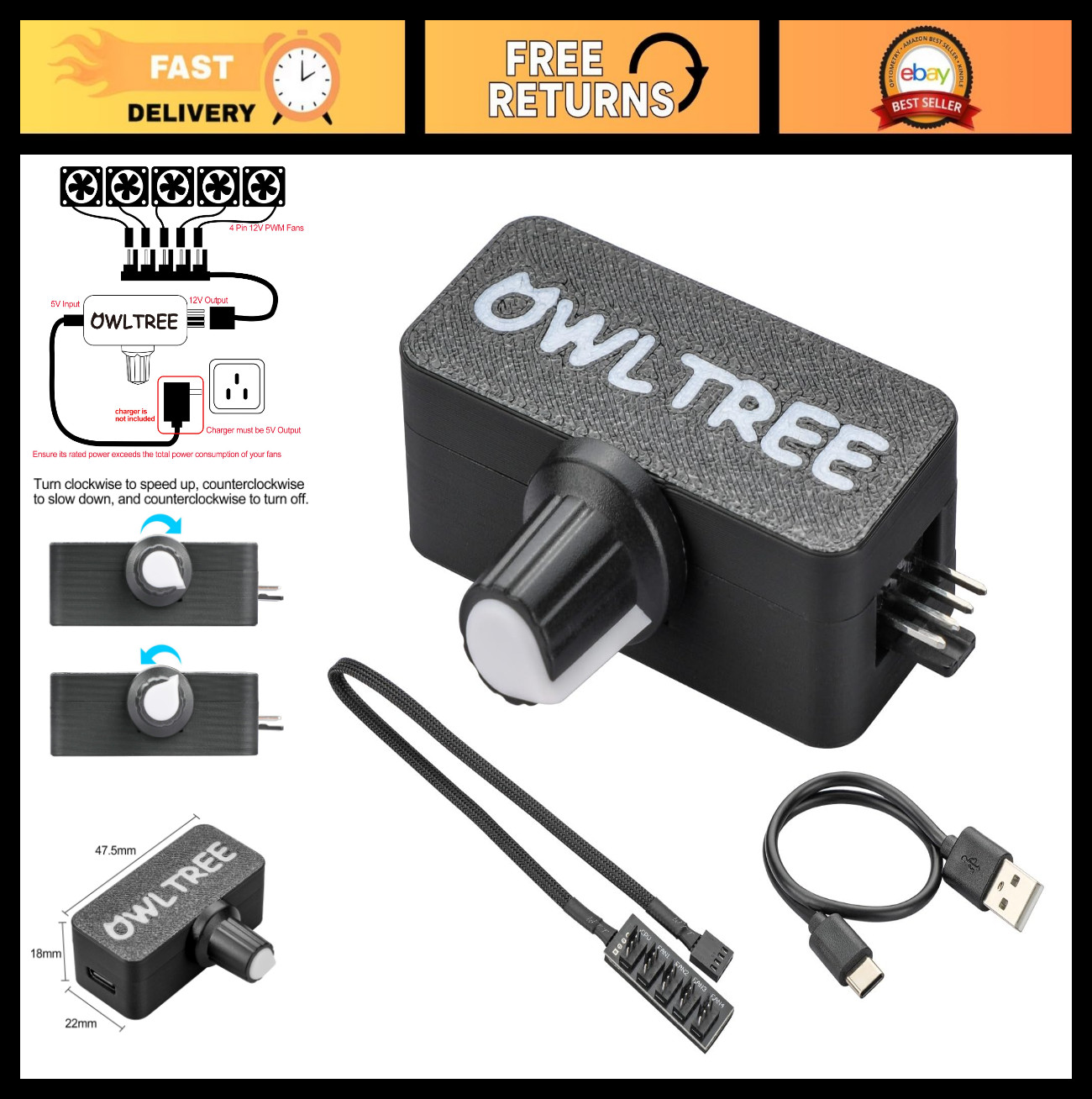12V PWM Fan Controller with USB Power Cable & 4-Way Splitter Hub, 15-18W Output