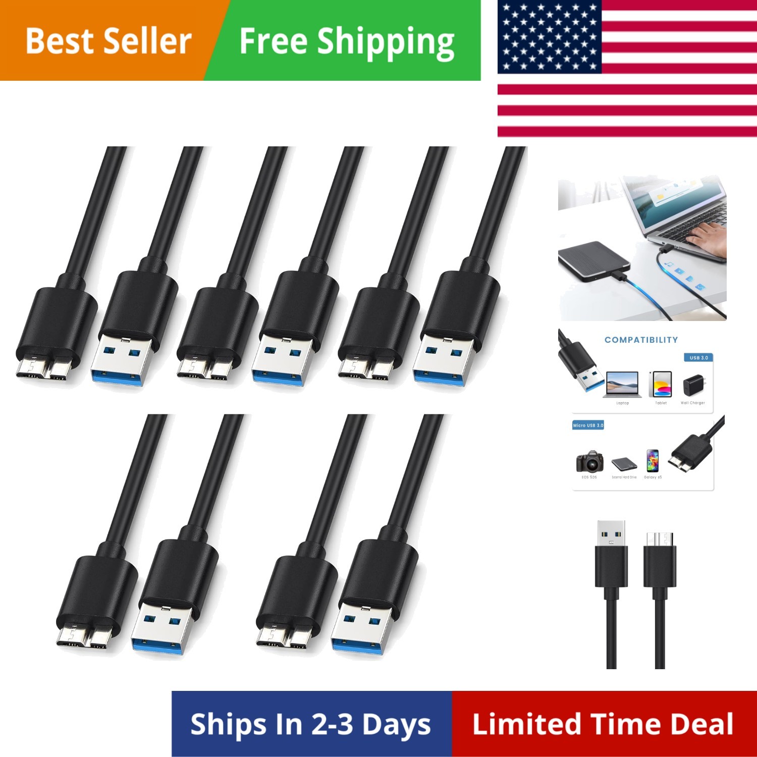 5-Pack USB 3.0 Micro B Cable, External Hard Drive Data Cord for Seagate, Tosh...