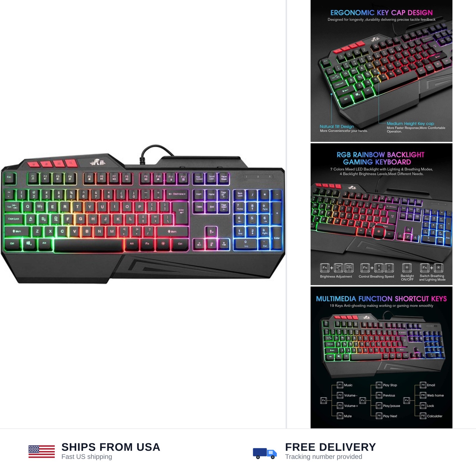 Rii RK202 RGB Gaming Keyboard Multiple Color Rainbow LED Backlit USB Wired Ga...