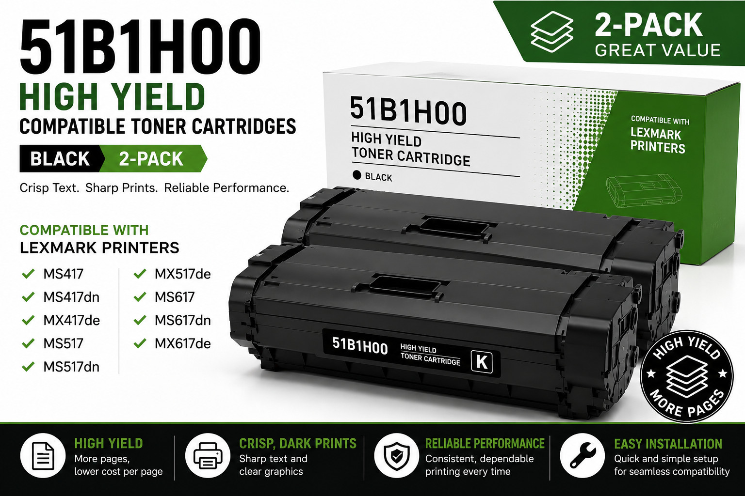 2-Pack 51B1H00 High Yield Compatible Toner Cartridges for Lexmark MS417 MX417 MS