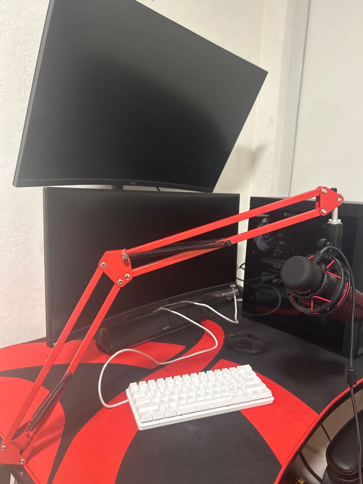 pc, gaming chair, desk, 2 monitors, mic, mouse, and keyboard