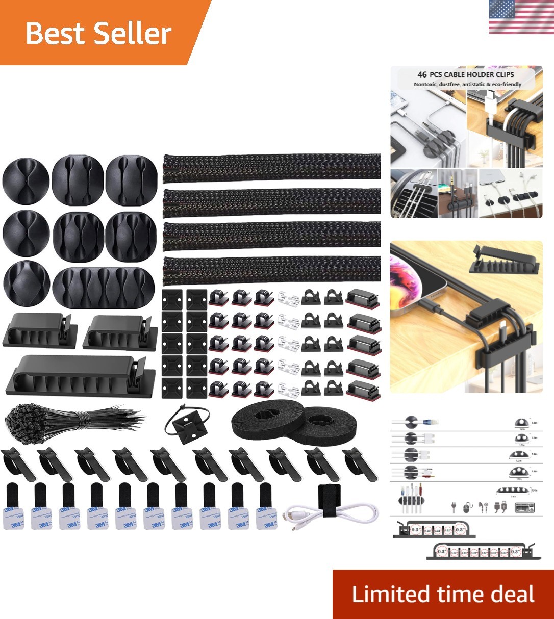 Ultimate Cable Management Kit: 4 Sleeves, 35 Clips & 100 Ties - 192 PCS Total