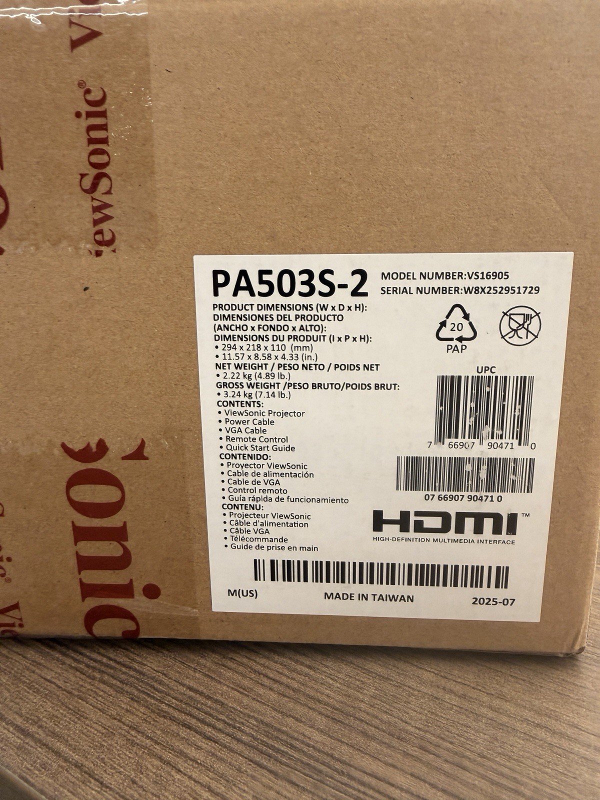 ViewSonic PA503S-2 SVGA DLP Projector 4000 ANSI Lumens HDMI/VGA VS16905