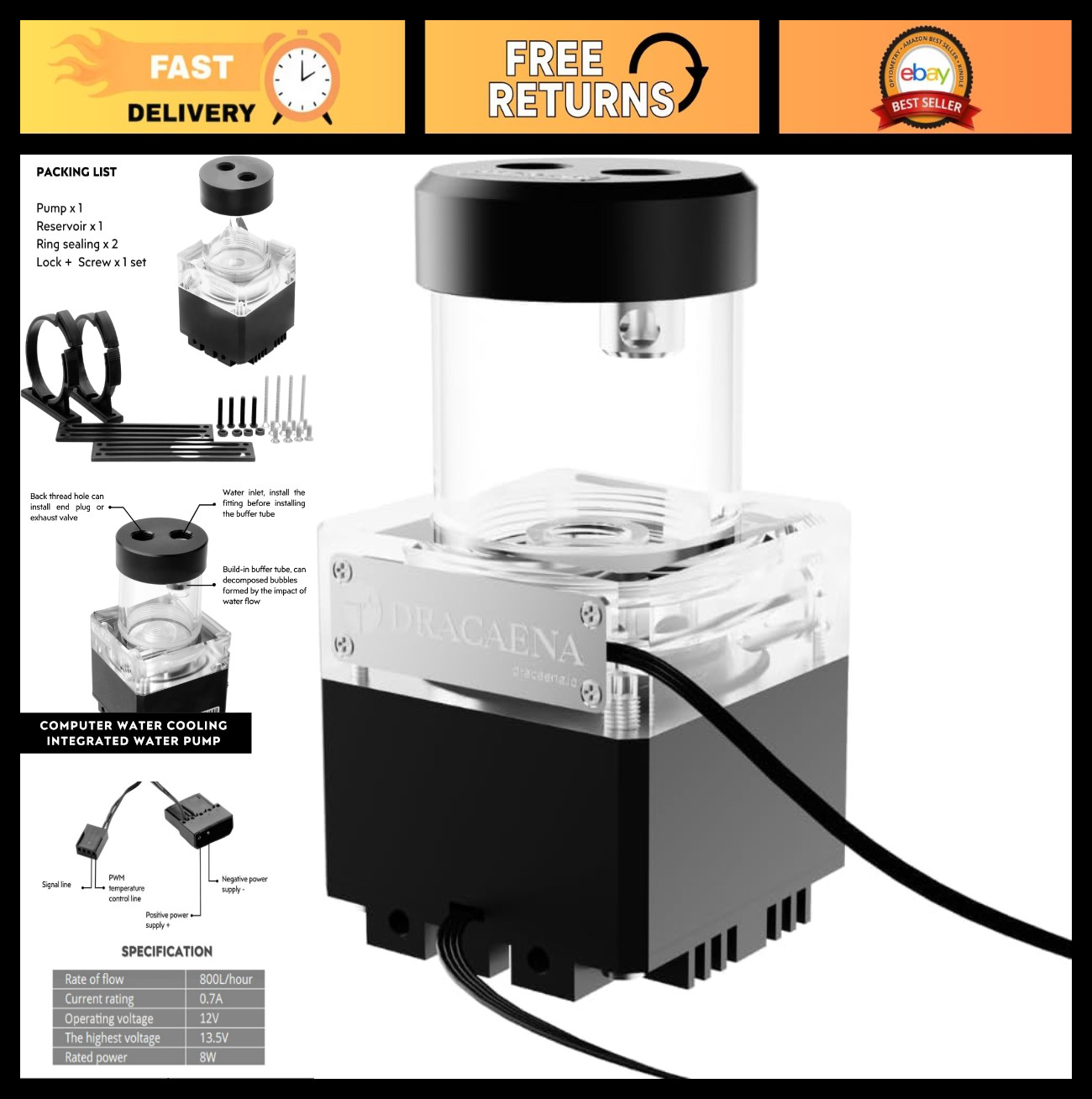 High-Performance Water Cooling Pump 650 L/H with Reservoir, 12W, Black PC Coolin