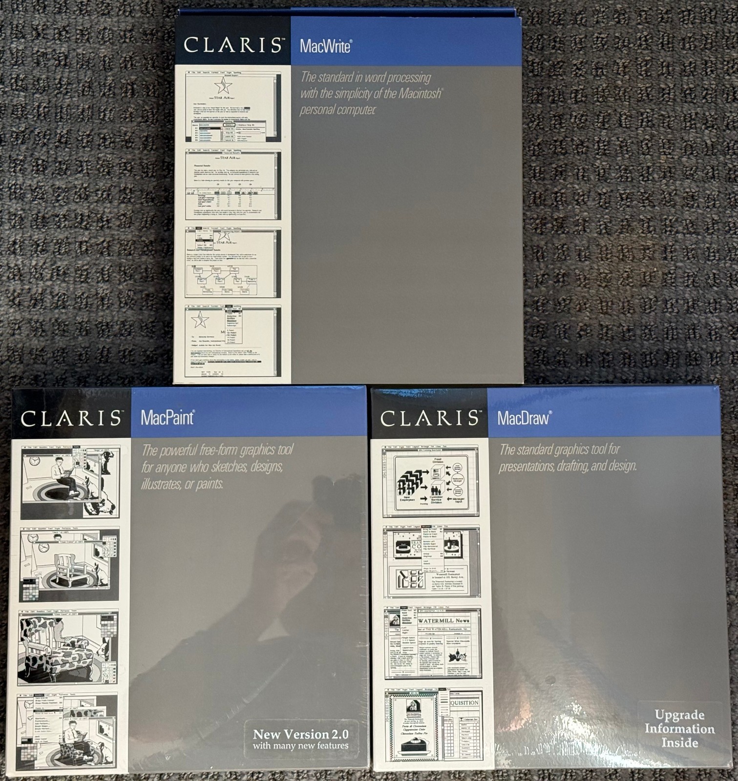 3 Boxes-Vintage Apple Claris Macwrite MacPaint MacDraw - Sealed - NOS Rare 1988