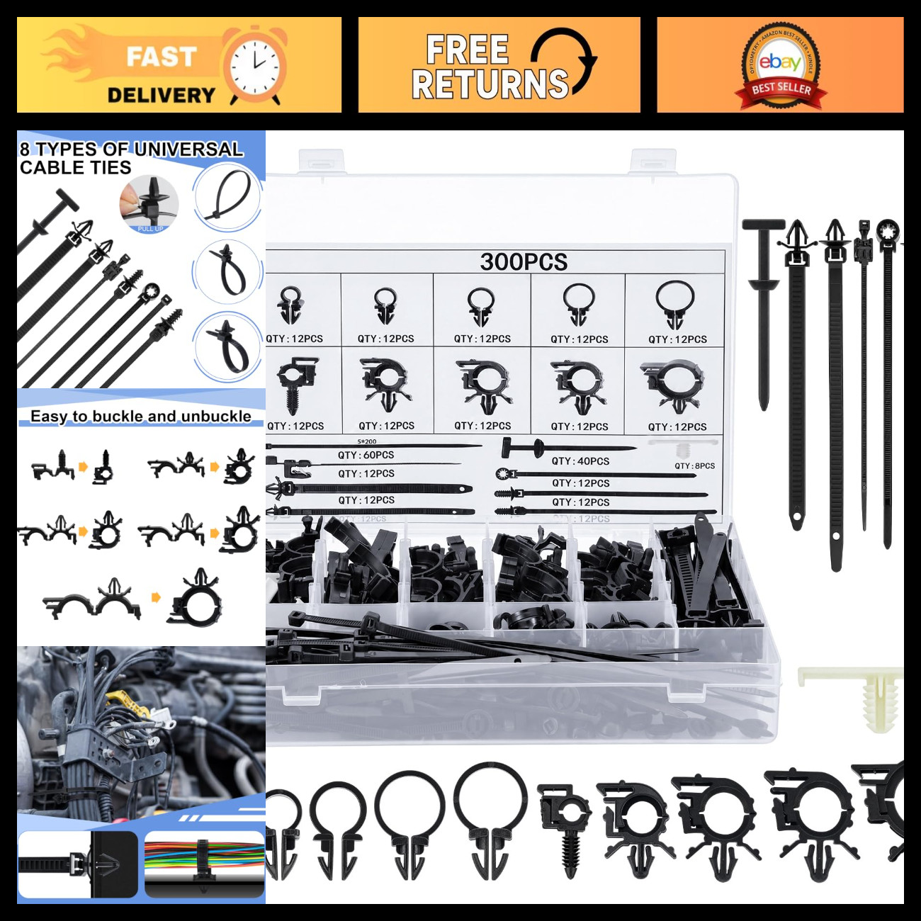 300 Pcs Wire Loom Clips - 15 Sizes Push Mount Cable Management for Cars